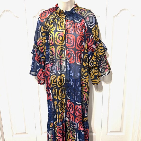 Bijelly Couture Long Maxi Dress-Large-Sheer-Ruffles-High Neck-Geometric-Colorful - Picture 1 of 15